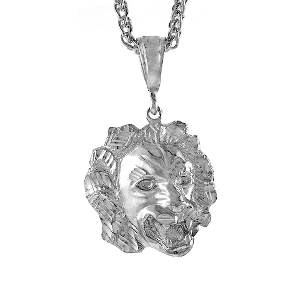 1 1/4 INCH LARGE STERLING SILVER LIONS HEAD PENDANT FOR MEN DIAMOND CUT FINISH