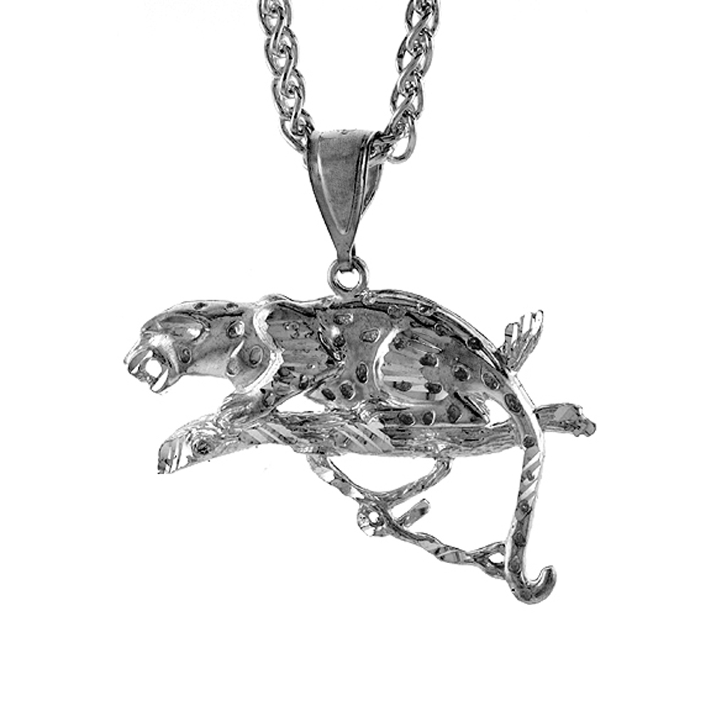 1 3/16 INCH LARGE STERLING SILVER LEOPARD PENDANT FOR MEN DIAMOND CUT FINISH