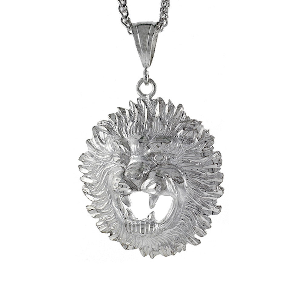 2 1/8 INCH LARGE STERLING SILVER LIONS HEAD PENDANT FOR MEN DIAMOND CUT FINISH