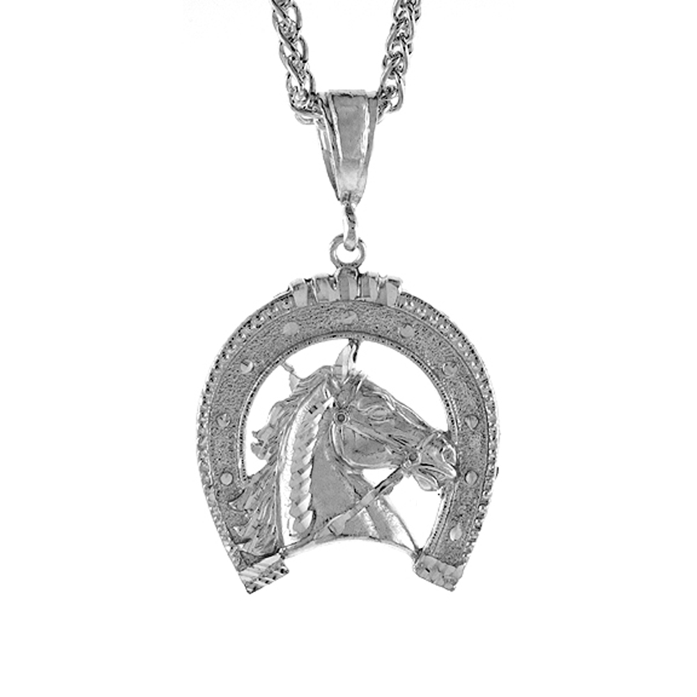 1 1/2 INCH LARGE STERLING SILVER HORSESHOE WITH HORSEHEAD PENDANT FOR MEN DIAMOND CUT FINISH