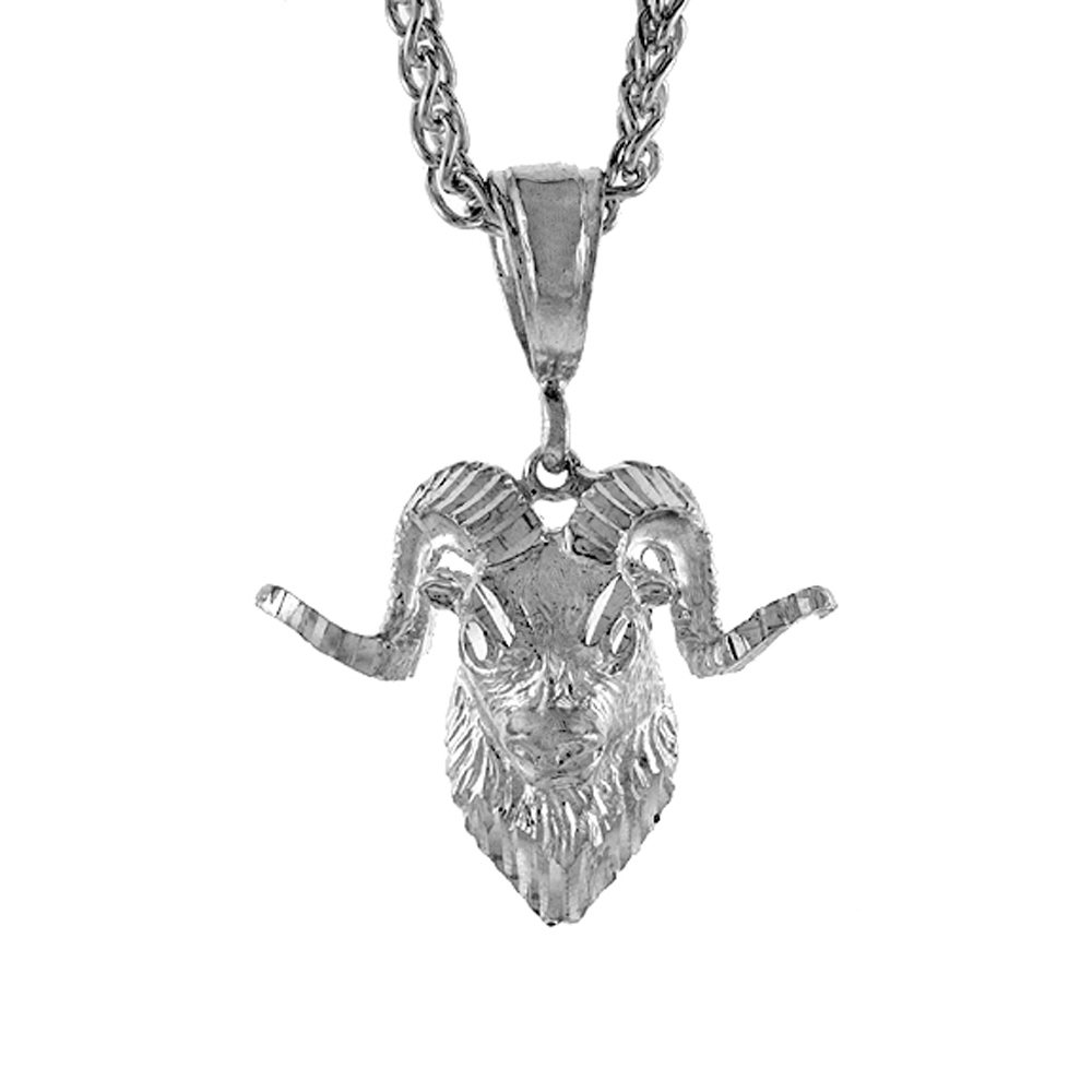1 1/8 INCH LARGE STERLING SILVER RAMS HEAD PENDANT FOR MEN DIAMOND CUT FINISH