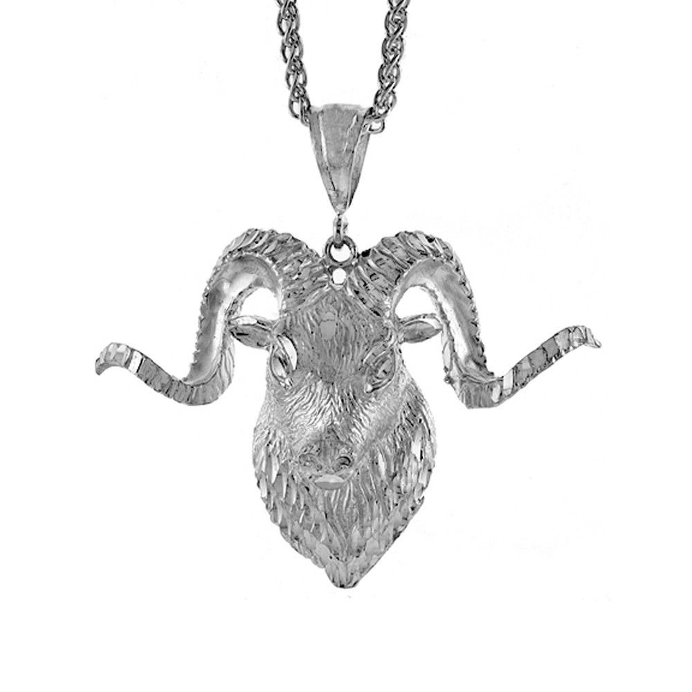 2 1/16 INCH LARGE STERLING SILVER RAMS HEAD PENDANT FOR MEN DIAMOND CUT FINISH
