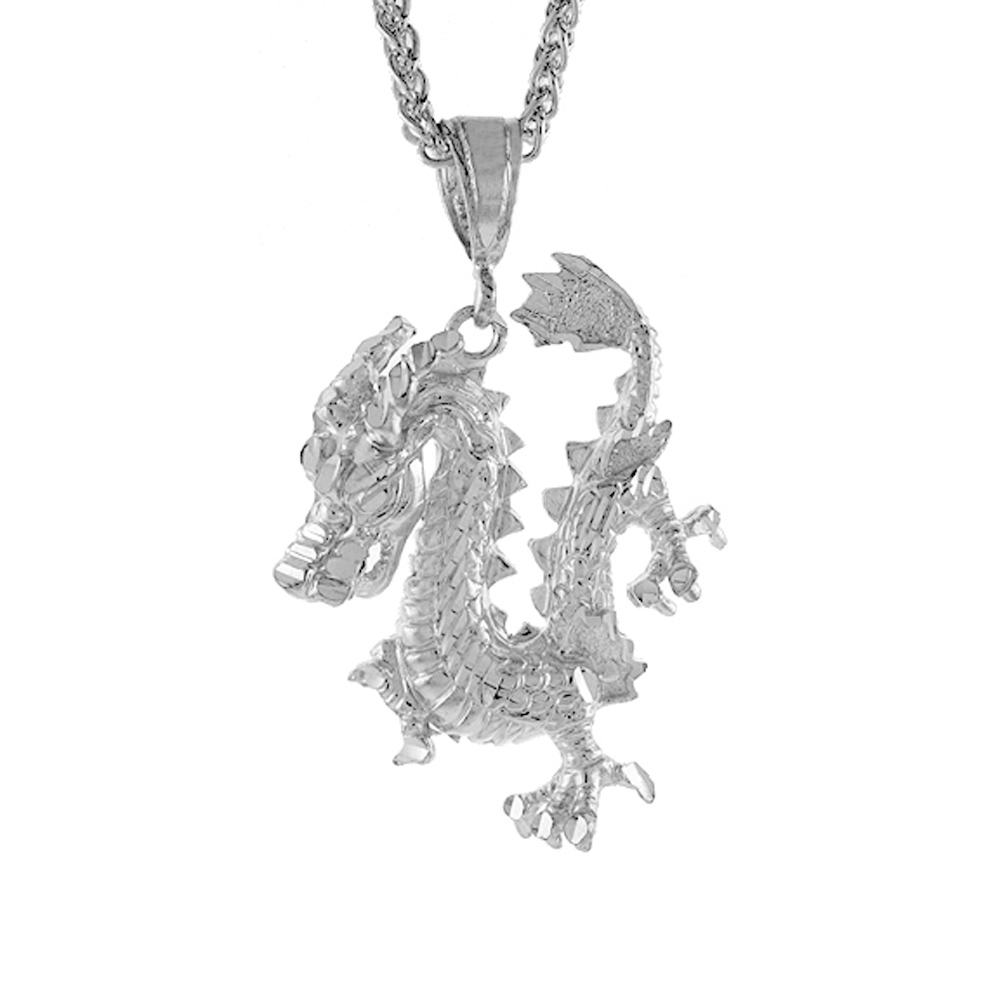 2 INCH LARGE STERLING SILVER DRAGON PENDANT FOR MEN DIAMOND CUT FINISH