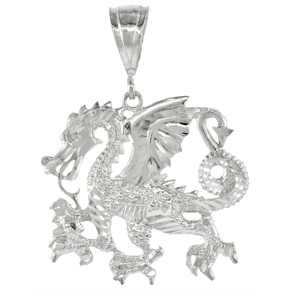 1 5/8 INCH LARGE STERLING SILVER DRAGON PENDANT FOR MEN DIAMOND CUT FINISH