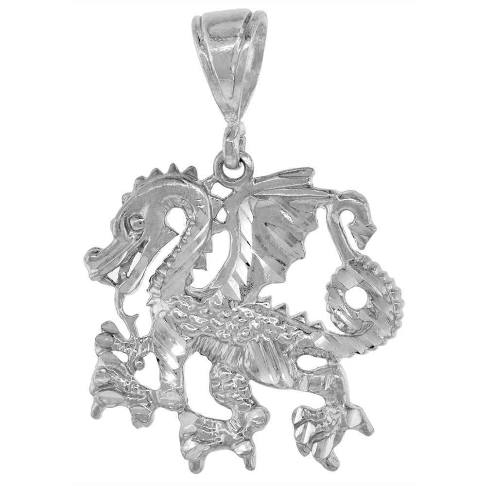 1 1/4 INCH LARGE STERLING SILVER DRAGON PENDANT FOR MEN DIAMOND CUT FINISH