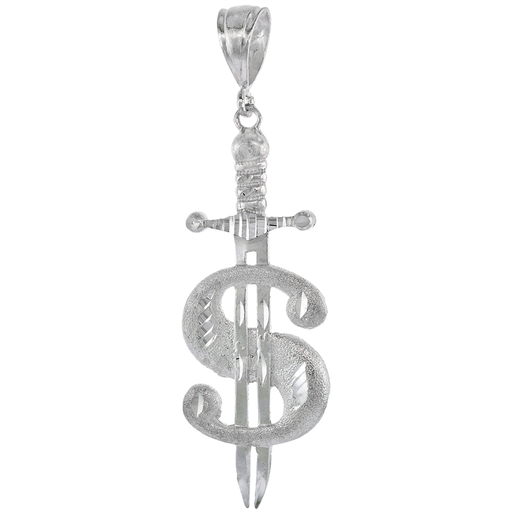3 INCH LARGE STERLING SILVER DOLLAR SIGN WITH SWORD PENDANT FOR MEN DIAMOND CUT FINISH