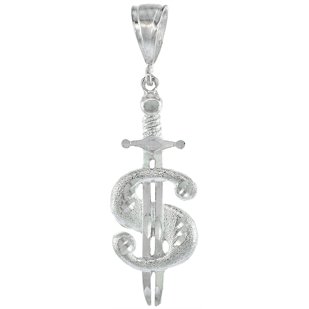 2 3/16 INCH LARGE STERLING SILVER DOLLAR SIGN WITH SWORD PENDANT FOR MEN DIAMOND CUT FINISH