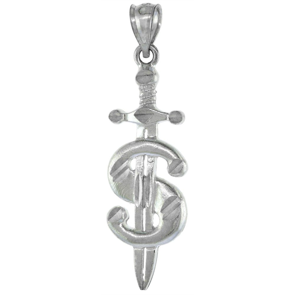 1 1/8 INCH LARGE STERLING SILVER SMALL DOLLAR SIGN WITH SWORD PENDANT FOR MEN DIAMOND CUT FINISH