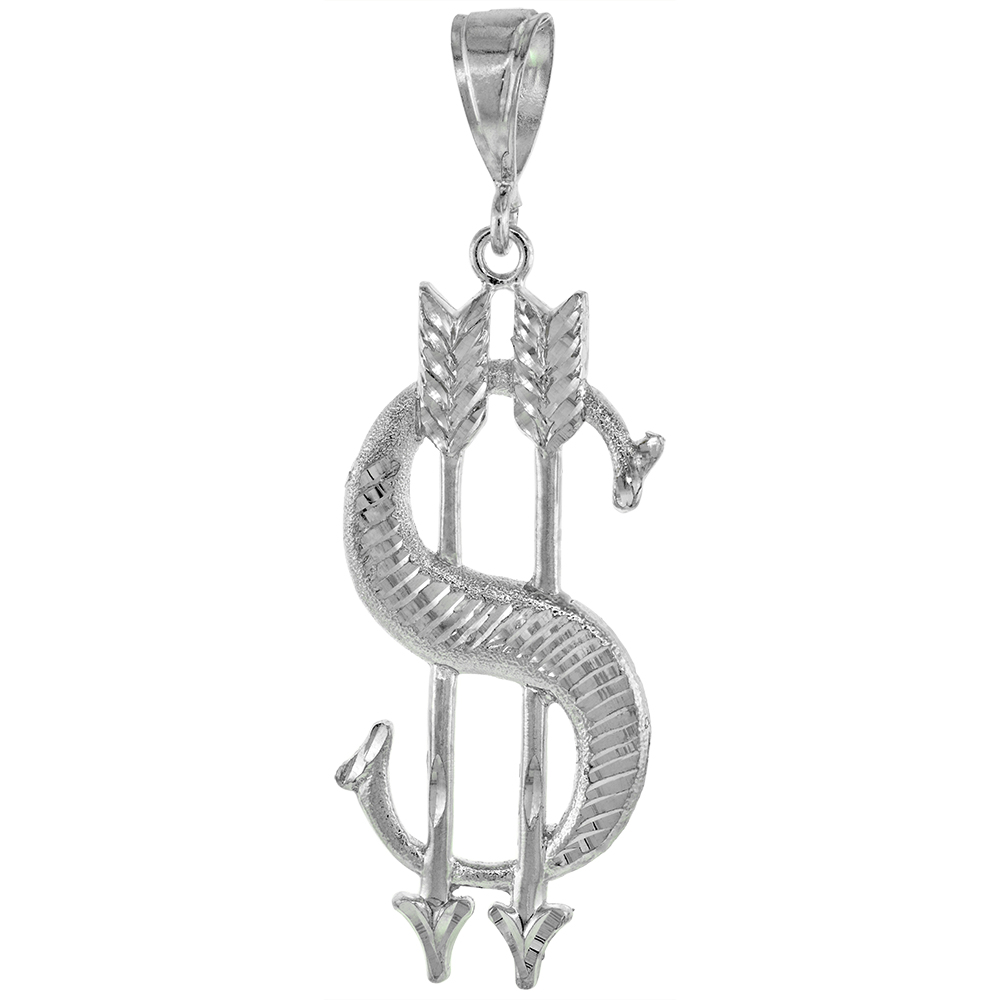 3 INCH LARGE STERLING SILVER DOLLAR SIGN WITH ARROWS PENDANT FOR MEN DIAMOND CUT FINISH