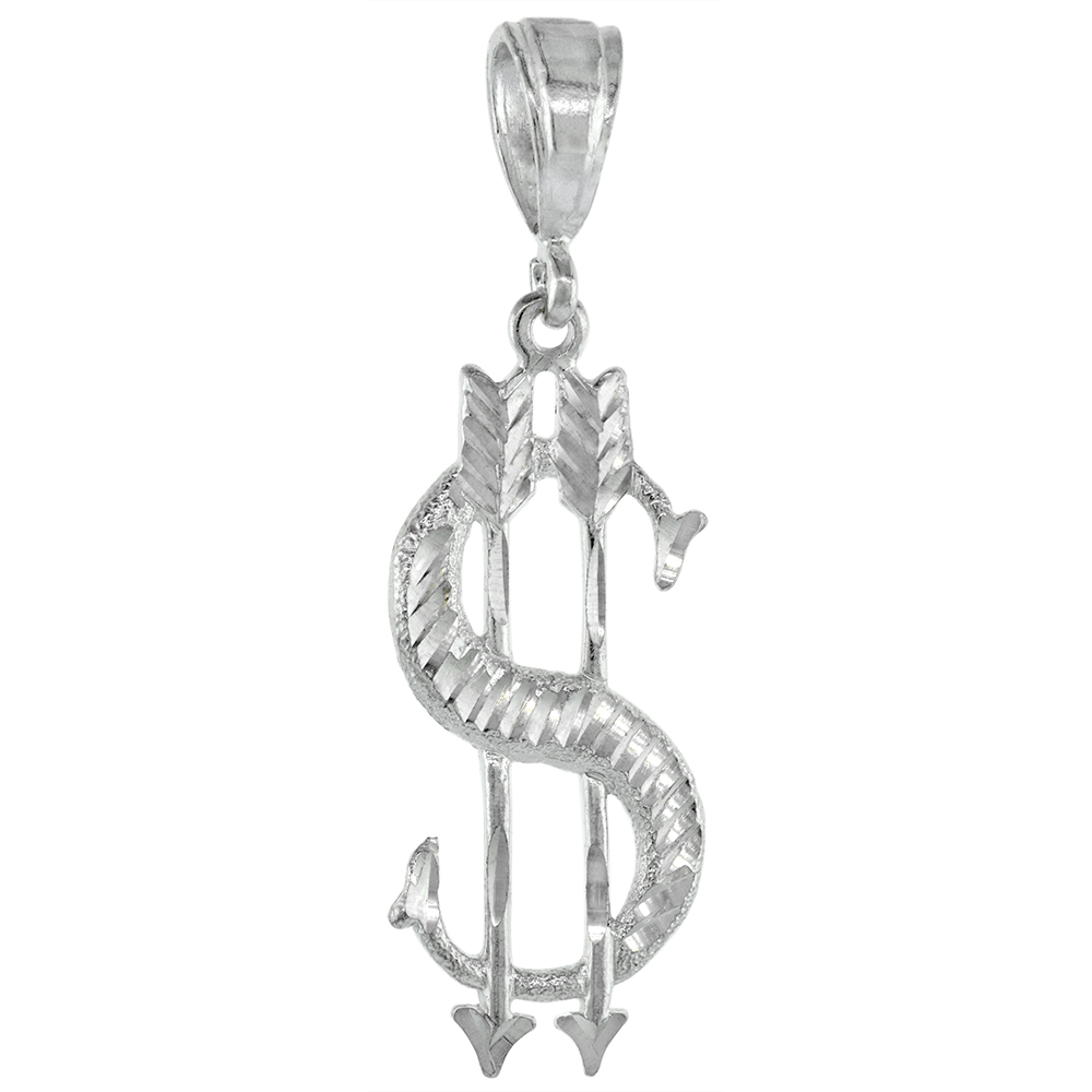 1 3/4 INCH LARGE STERLING SILVER DOLLAR SIGN WITH ARROWS PENDANT FOR MEN DIAMOND CUT FINISH
