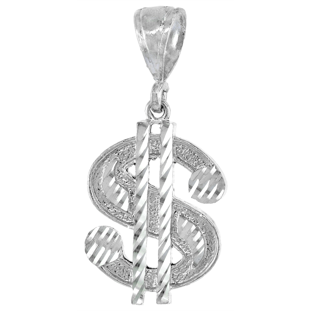 2 1/8 INCH LARGE STERLING SILVER DOLLAR SIGN PENDANT FOR MEN DIAMOND CUT FINISH
