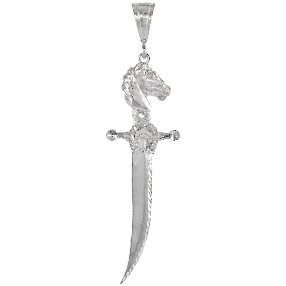 3 1/2 INCH LARGE STERLING SILVER SWORD WITH HORSE HILT PENDANT FOR MEN DIAMOND CUT FINISH