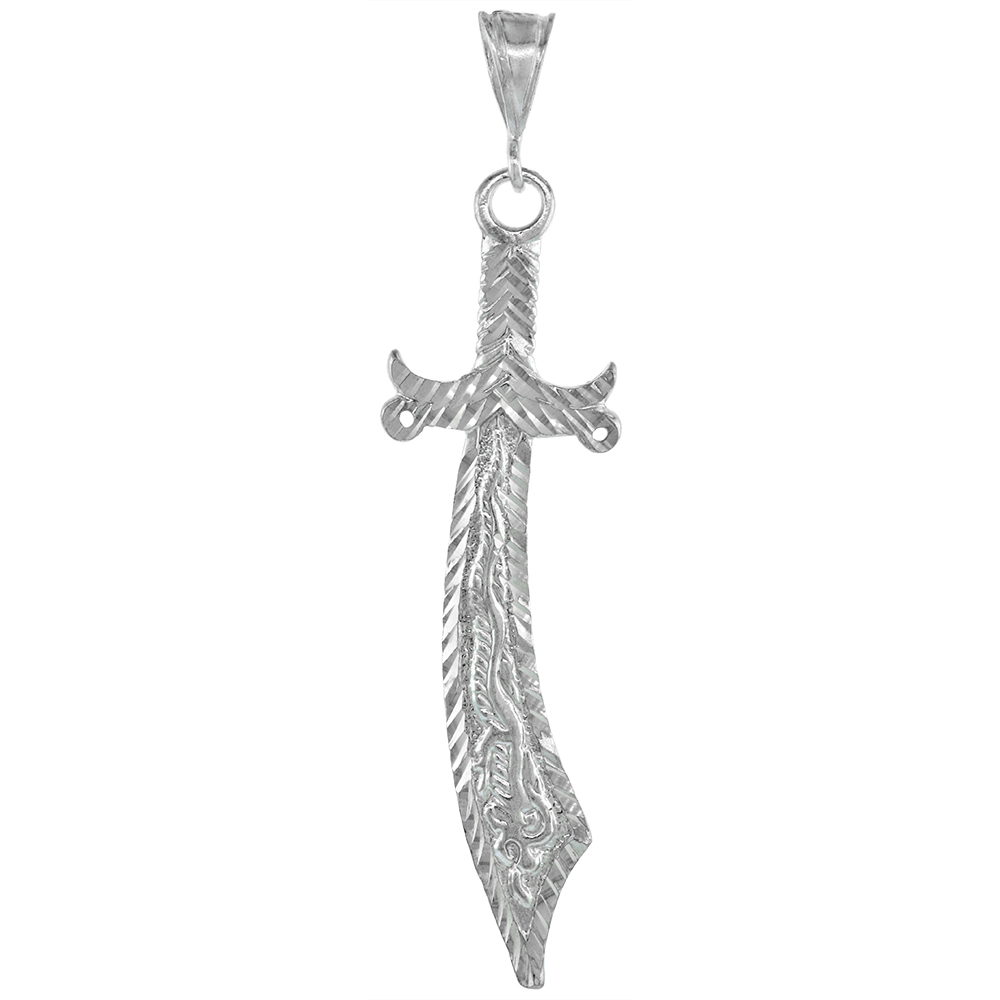 2 1/2 INCH LARGE STERLING SILVER CUTLASS SWORD PENDANT FOR MEN DIAMOND CUT FINISH