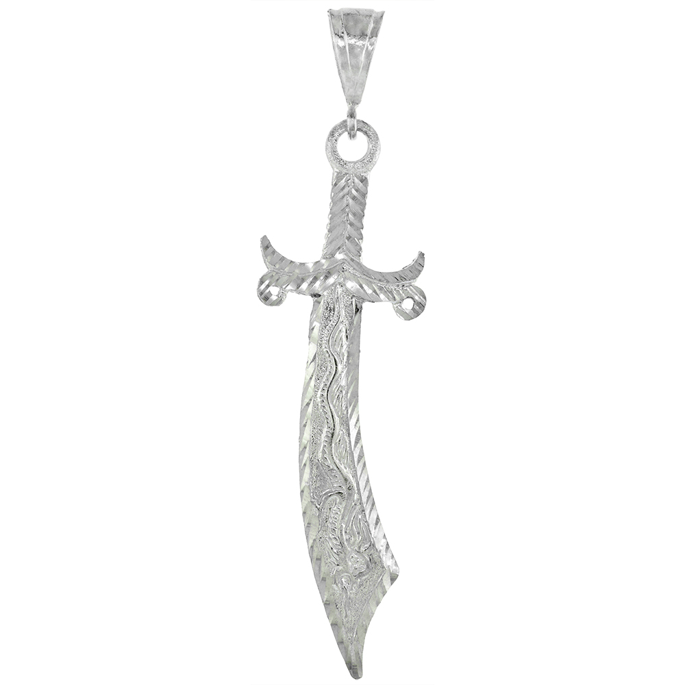 3 1/8 INCH LARGE STERLING SILVER CUTLASS SWORD PENDANT FOR MEN DIAMOND CUT FINISH