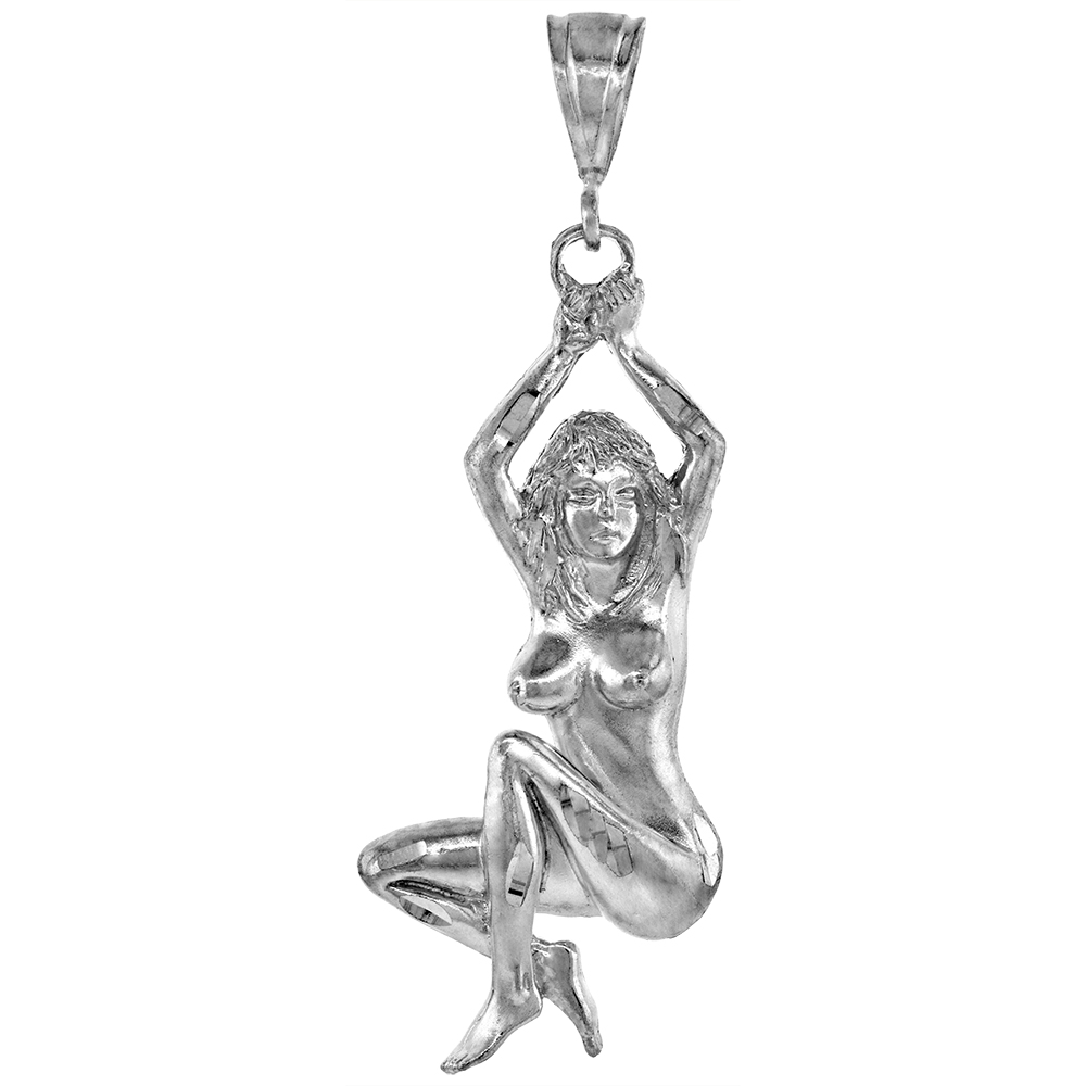 3 1/8 INCH LARGE STERLING SILVER NUDE WOMAN PENDANT FOR MEN DIAMOND CUT FINISH