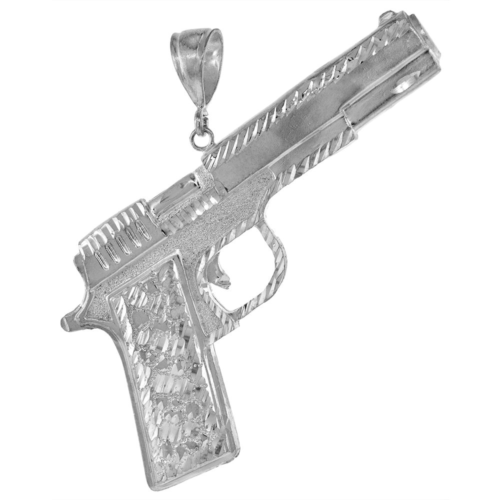 3 3/4 INCH LARGE STERLING SILVER COLT 45 PISTOL PENDANT FOR MEN DIAMOND CUT FINISH