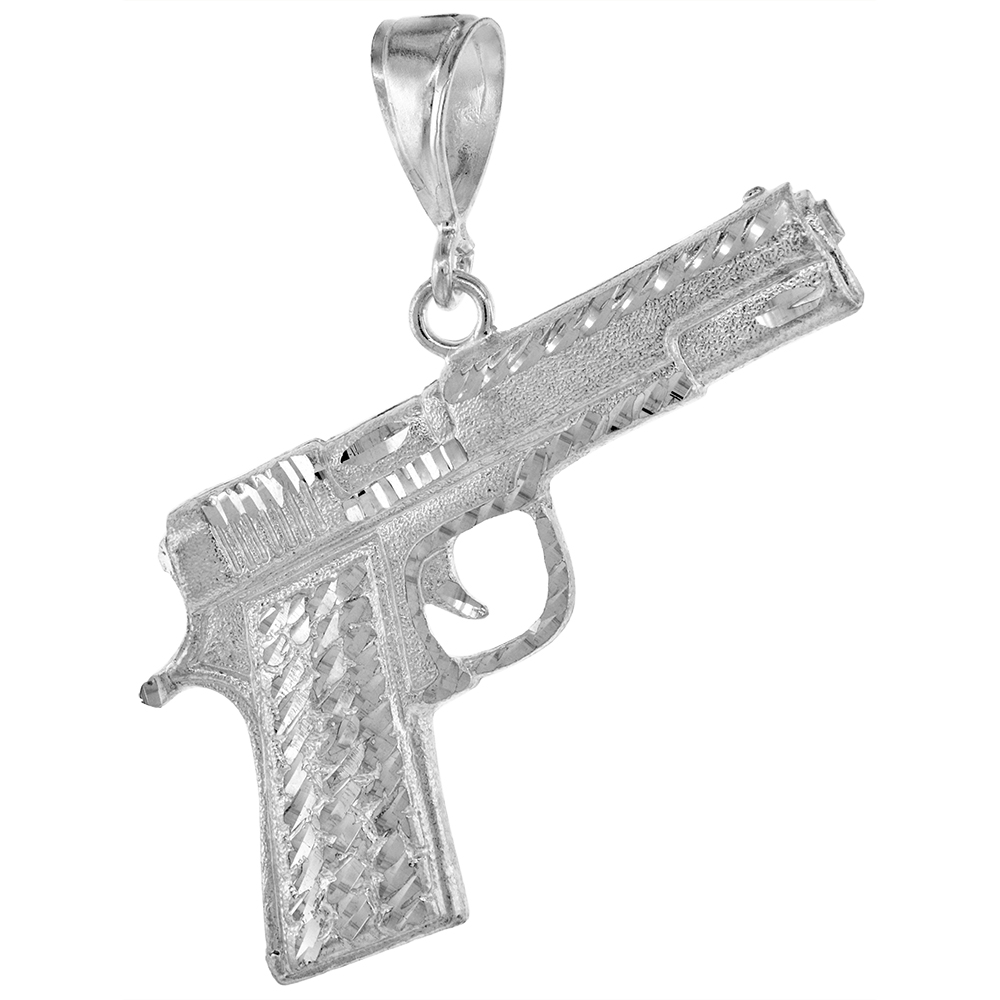 3 INCH LARGE STERLING SILVER COLT 45 PISTOL PENDANT FOR MEN DIAMOND CUT FINISH