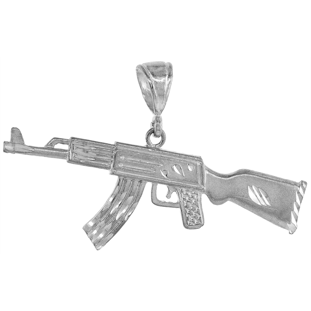 2 1/2 INCH LARGE STERLING SILVER LONG AK47 PENDANT FOR MEN DIAMOND CUT FINISH