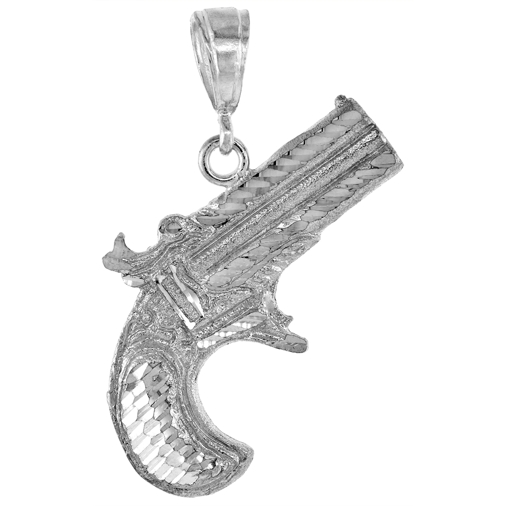 1 3/16 INCH LARGE STERLING SILVER DERRINGER PISTOL PENDANT FOR MEN DIAMOND CUT FINISH