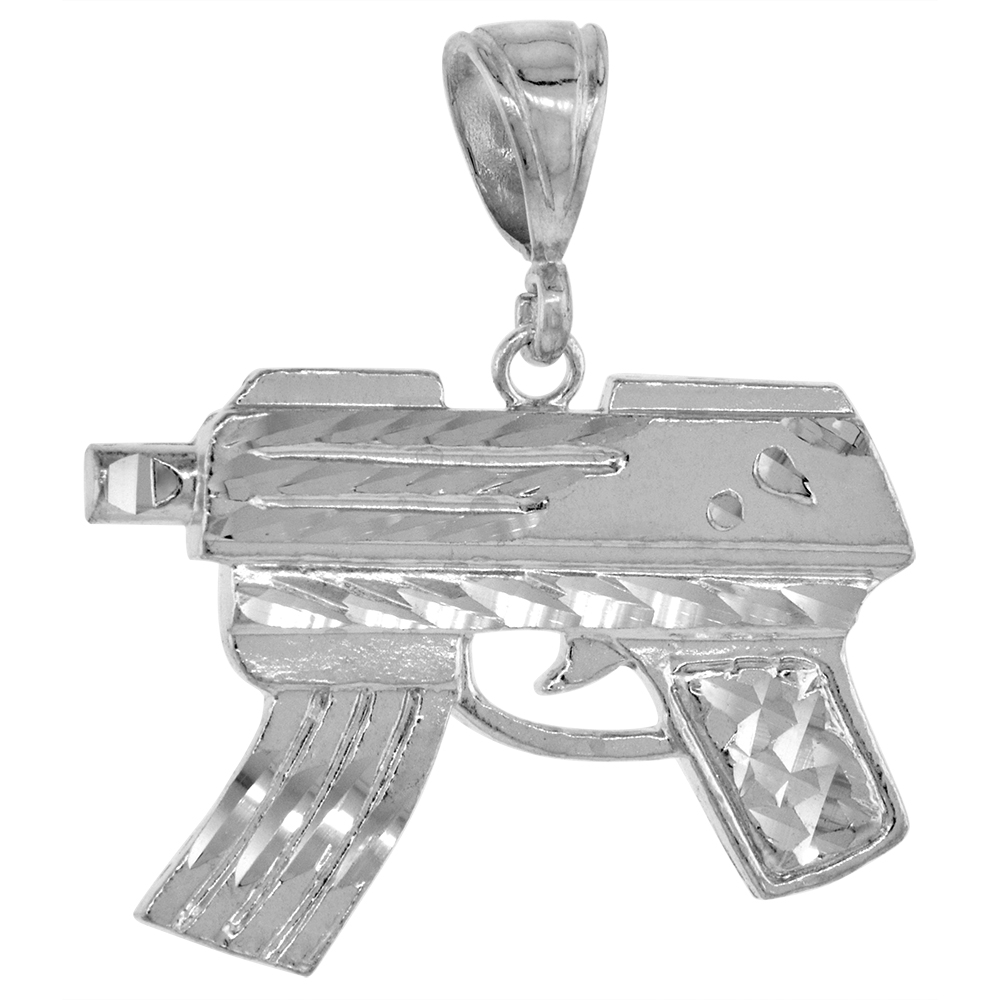1 INCH (25 MM) LARGE STERLING SILVER SMALL GUN (UZI) PENDANT FOR MEN DIAMOND CUT FINISH