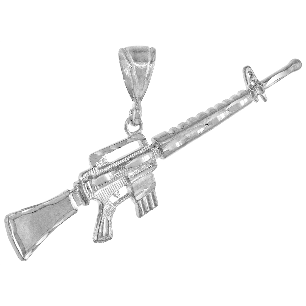 5/8 INCH STERLING SILVER M-16 RIFLE PENDANT FOR MEN DIAMOND CUT FINISH SMALL