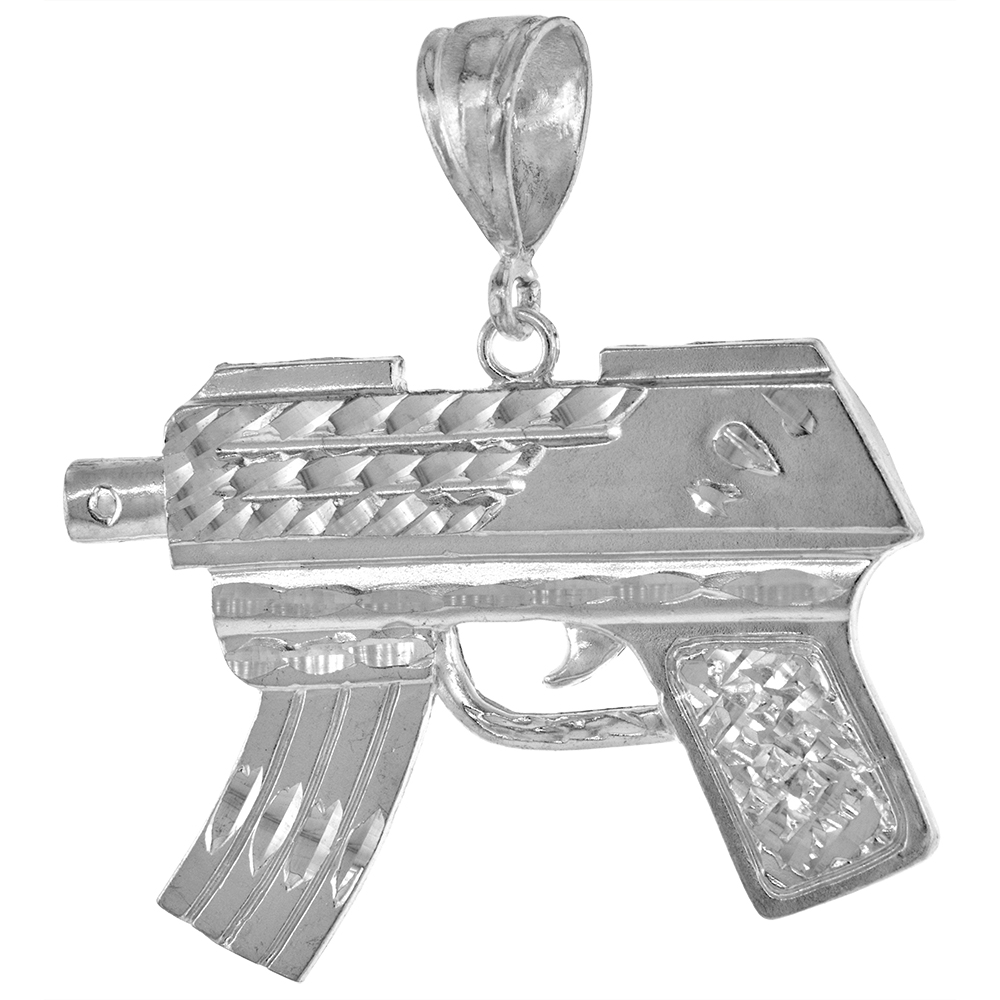 1 5/8 INCH LARGE STERLING SILVER GUN UZI PENDANT FOR MEN DIAMOND CUT FINISH