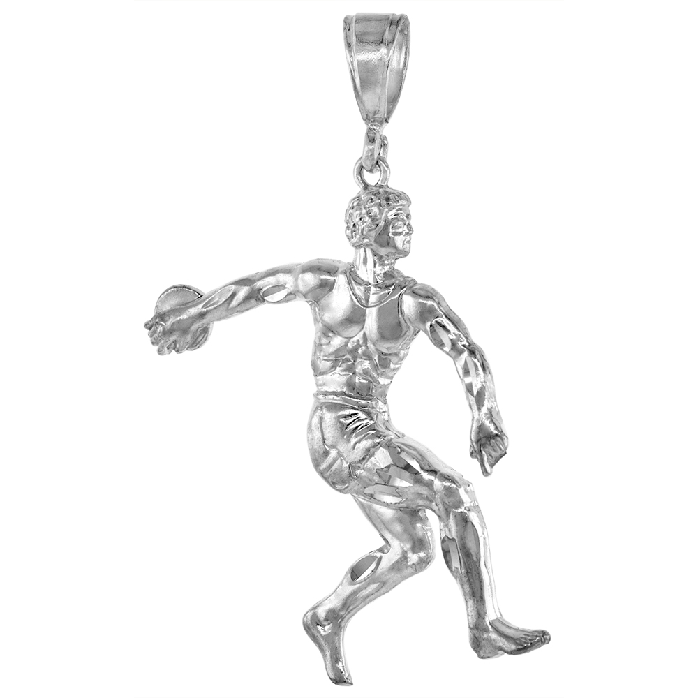2 1/4 INCH LARGE STERLING SILVER DISCUS THROWER PENDANT FOR MEN DIAMOND CUT FINISH