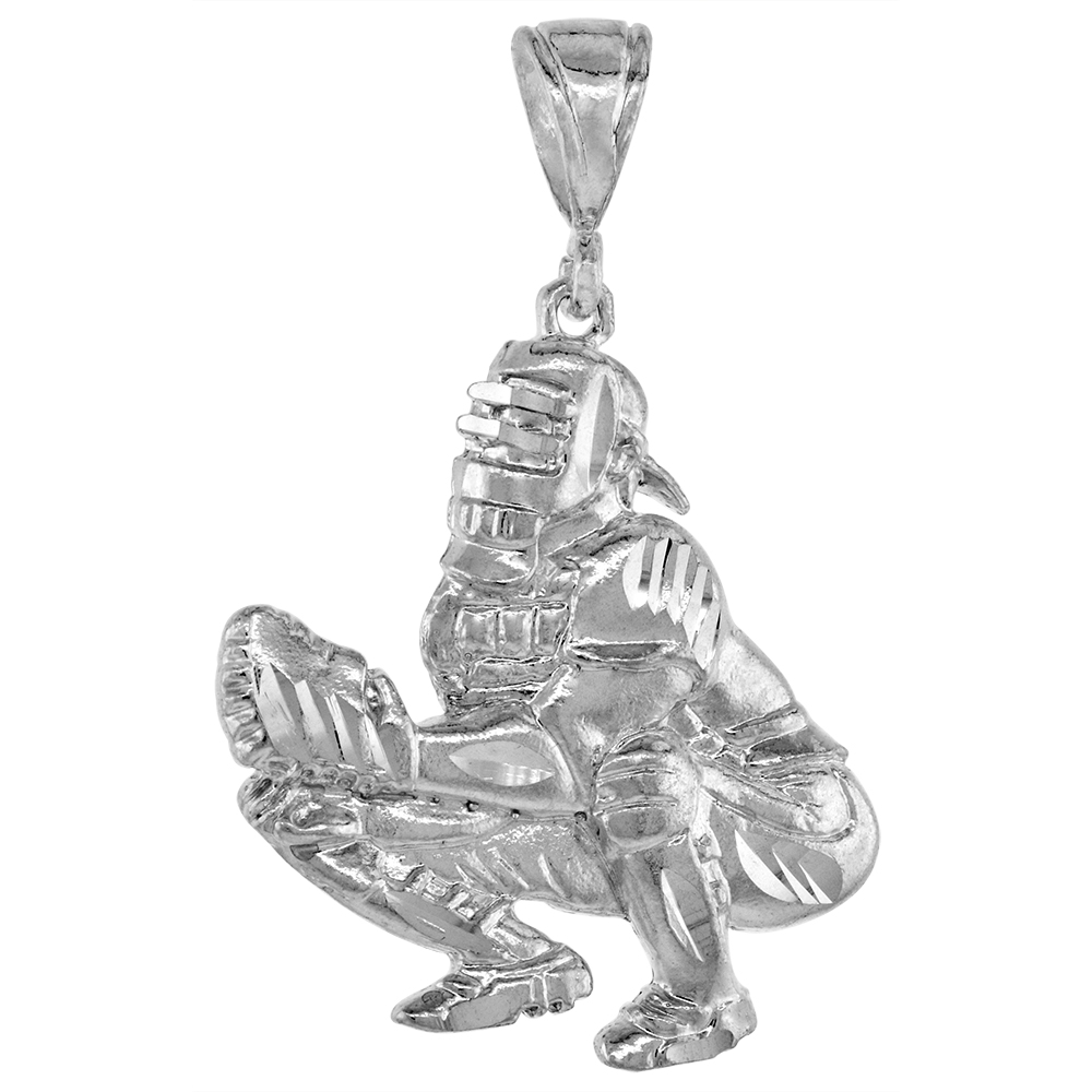1 1/2 INCH LARGE STERLING SILVER BASEBALL CATCHER PENDANT FOR MEN DIAMOND CUT FINISH