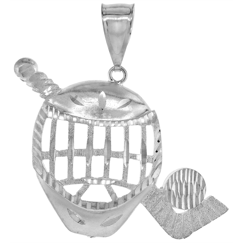 1 1/2 INCH LARGE STERLING SILVER HOCKEY PENDANT FOR MEN DIAMOND CUT FINISH
