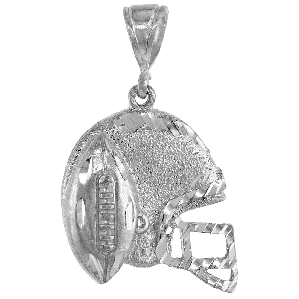1 3/16 INCH LARGE STERLING SILVER SMALL FOOTBALL HELMET PENDANT FOR MEN DIAMOND CUT FINISH