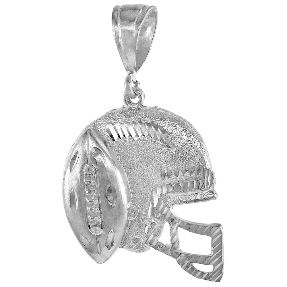 1 5/8 INCH LARGE STERLING SILVER FOOTBALL HELMET PENDANT FOR MEN DIAMOND CUT FINISH