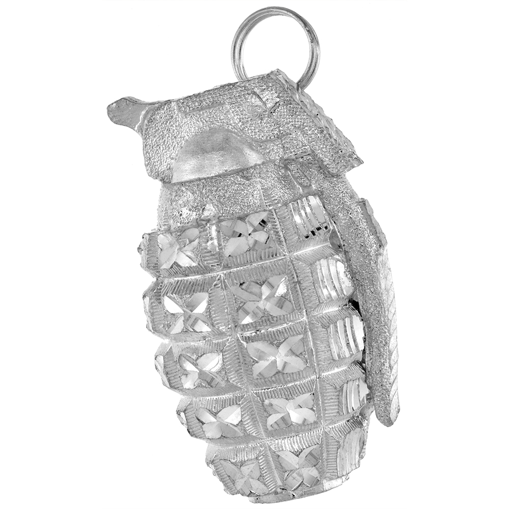 2 3/16 inch Large Sterling Silver Hand Grenade Pendant for Men Diamond Cut finish