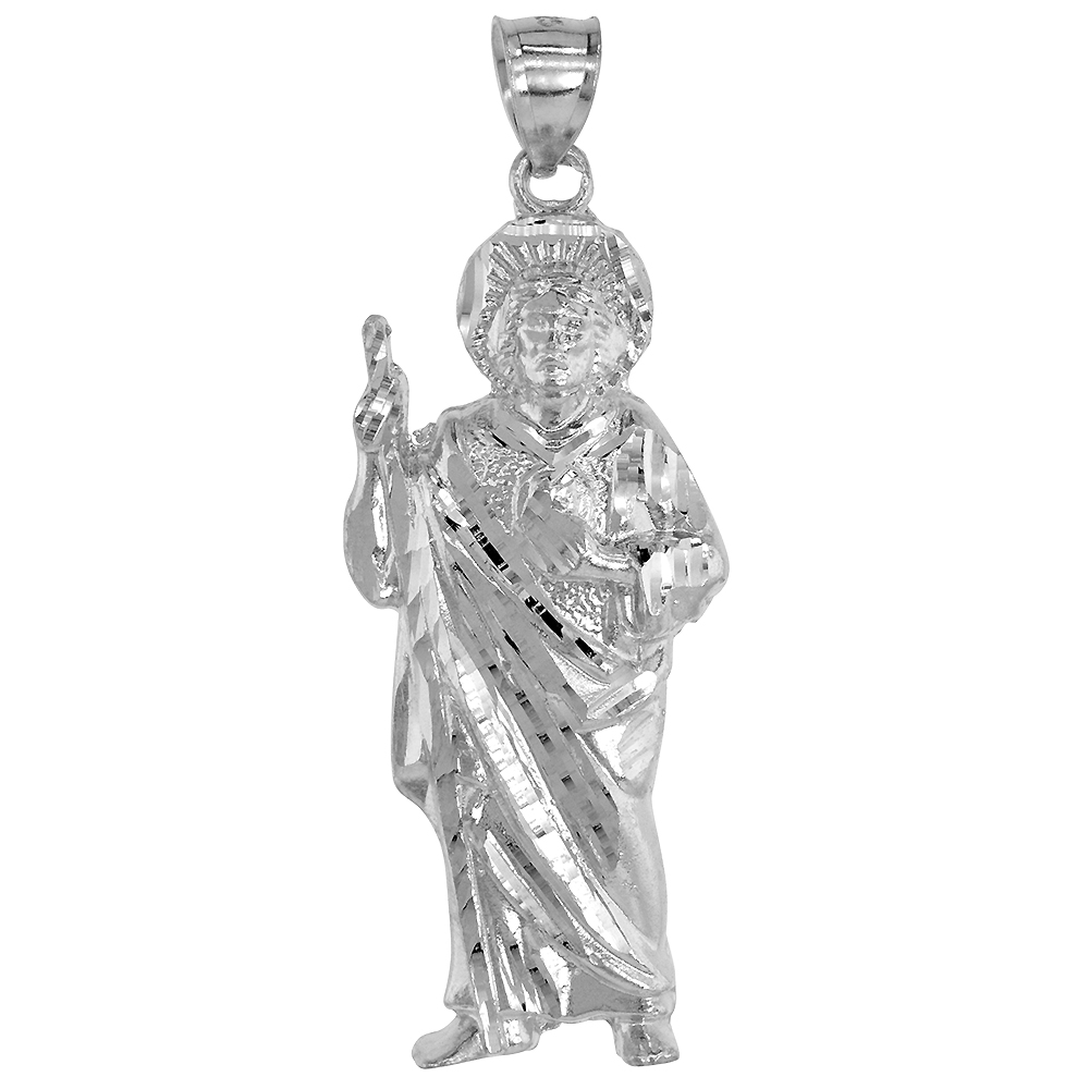 1 7/8 INCH STERLING SILVER ST JUDE THADDEUS PENDANT FOR MEN DIAMOND CUT NO CHAIN INCLUDED (NO CHAIN)