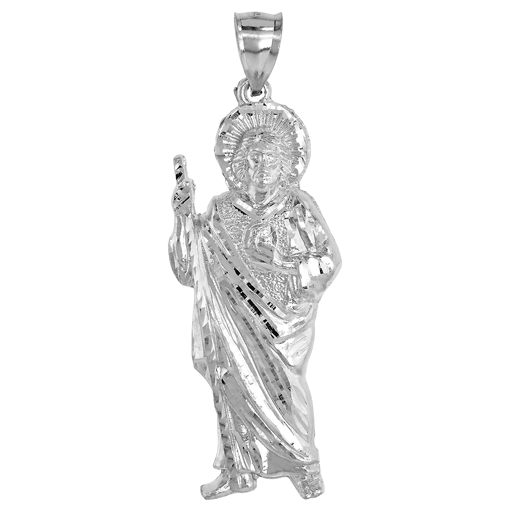 2 1/4 INCH STERLING SILVER ST JUDE THADDEUS PENDANT FOR MEN DIAMOND CUT NO CHAIN INCLUDED (NO CHAIN)