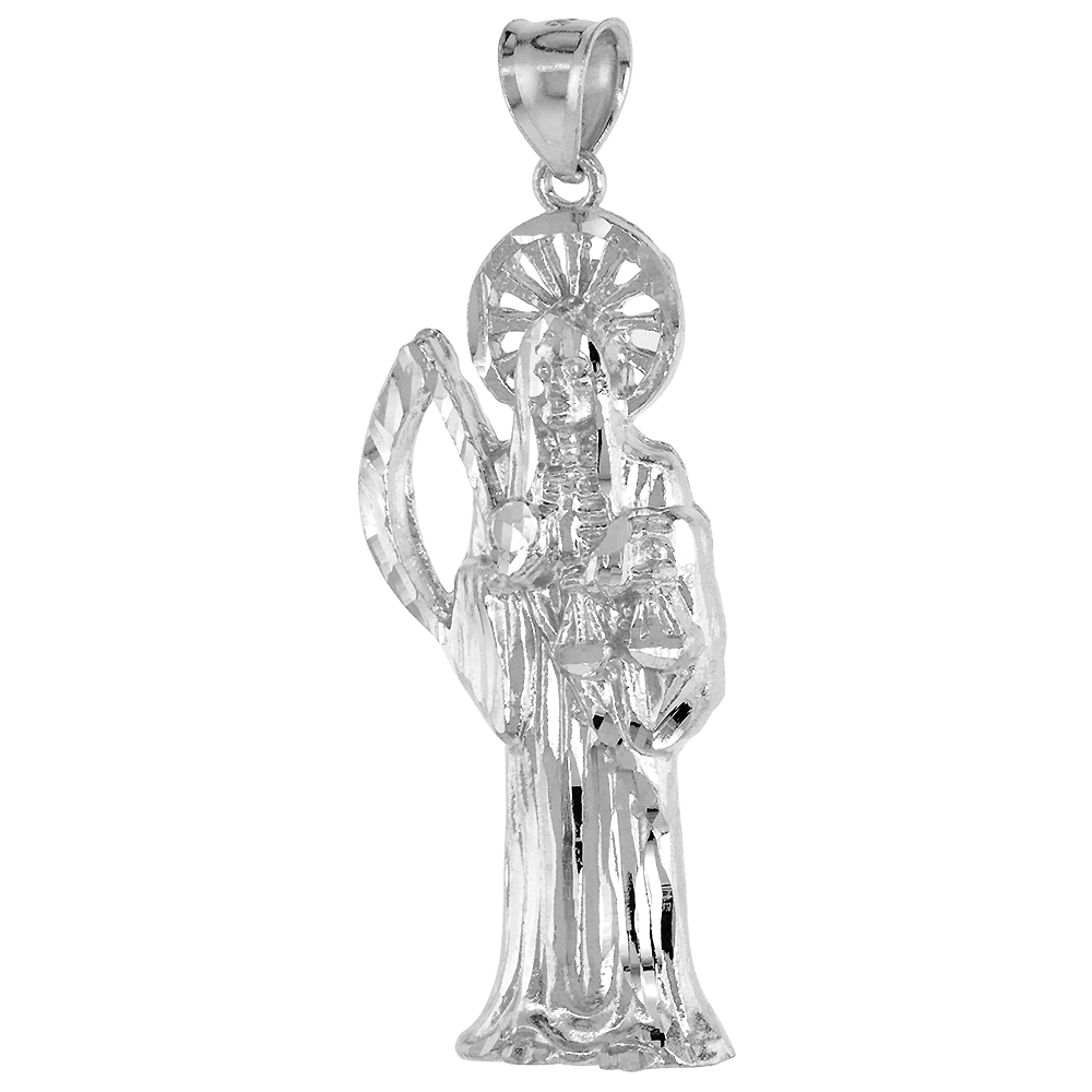 1 3/4 INCH STERLING SILVER SANTA MUERTE PENDANT FOR MEN DIAMOND CUT NO CHAIN INCLUDED (NO CHAIN)