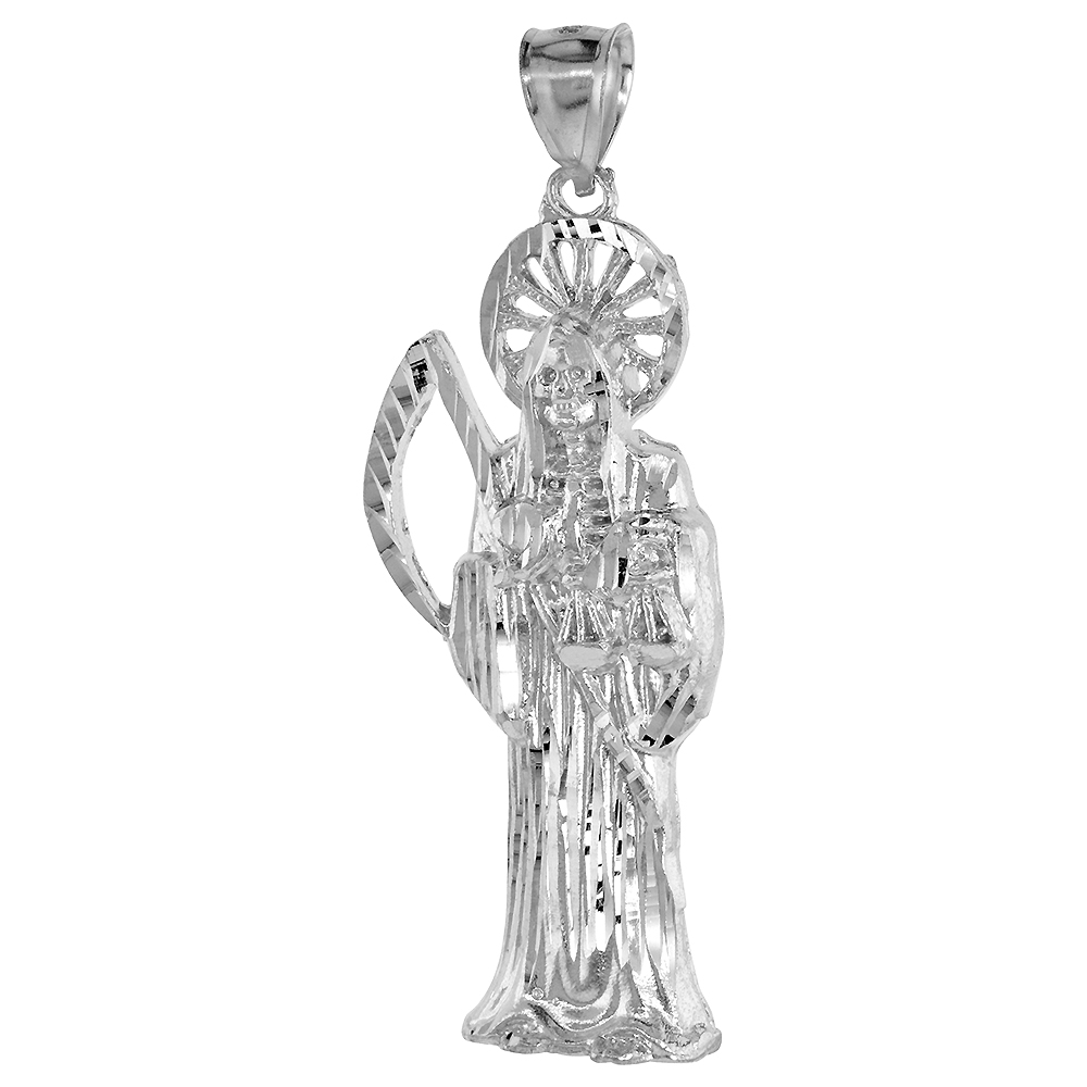 2 3/8 inch sterling Silver Santa Muerte Necklace for Men Diamond Cut 18-30 inch chain