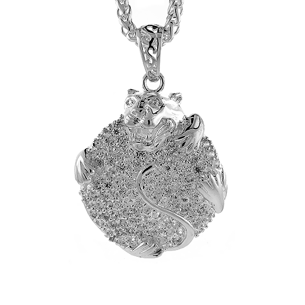 2 3/16 INCH STERLING SILVER CUBIC ZIRCONIA ICED OUT FAT TIGER PENDANT FOR MEN HIP HOP BLING JEWELRY