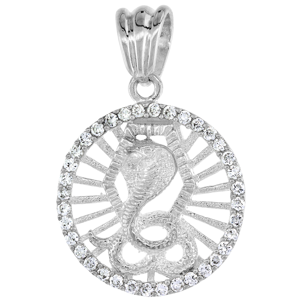 1 1/2 INCH STERLING SILVER CUBIC ZIRCONIA ICED OUT COBRA OVER SUN SNAKE PENDANT FOR MEN HIP HOP BLING JEWELRY