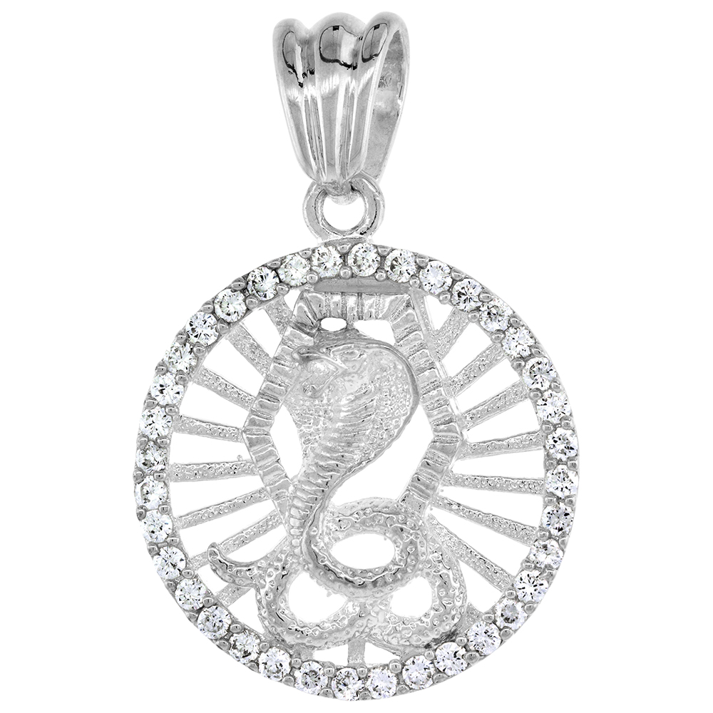 1 1/2 inch Sterling Silver Cubic Zirconia Iced Out Cobra Over Sun Snake Pendant for Men Hip Hop Bling Jewelry
