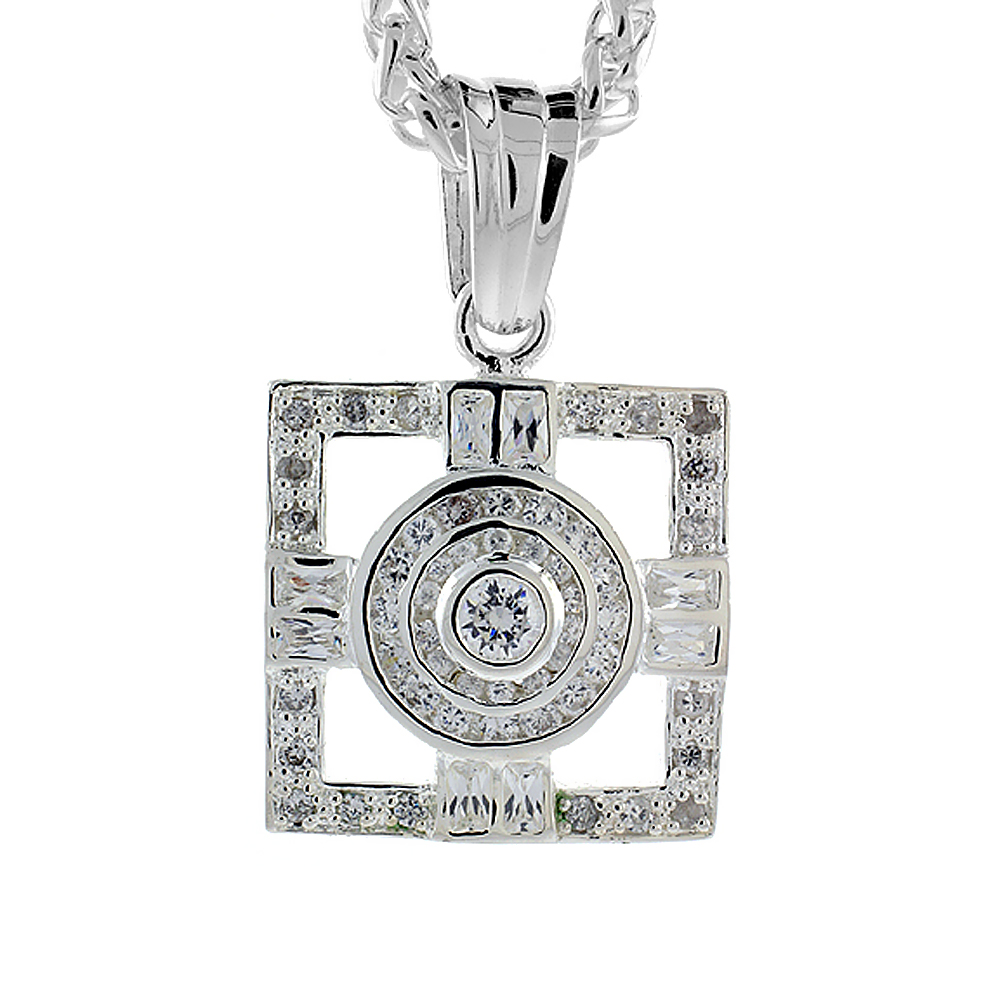 1 5/16 inch Sterling Silver CZ Iced Out Cross &amp; Circle in Square Pendant for Men Hip Hop Bling Jewelry