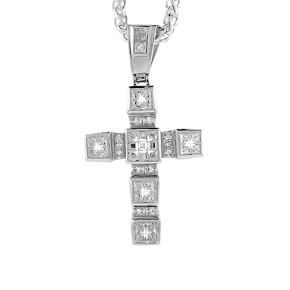 3 INCH STERLING SILVER CUBIC ZIRCONIA ICED OUT LATIN CROSS PENDANT FOR MEN HIP HOP BLING JEWELRY