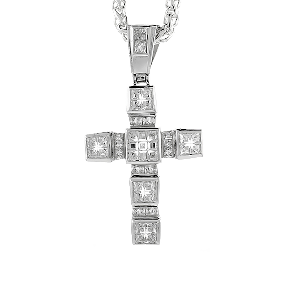 3 inch Sterling Silver Cubic Zirconia Iced Out Latin Cross Pendant for Men Hip Hop Bling Jewelry