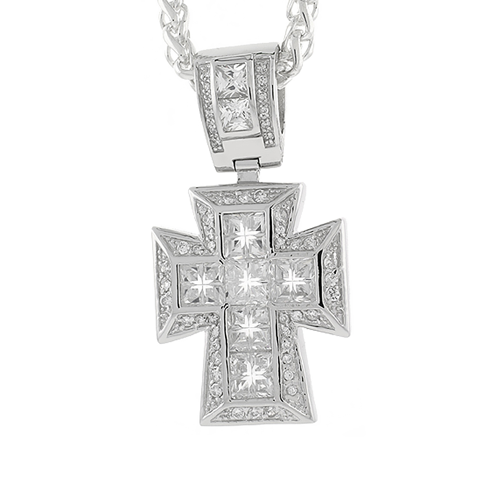 1 3/4 inch Sterling Silver Cubic Zirconia Iced Out St Johns Maltese Cross Pendant for Men Hip Hop Bling Jewelry