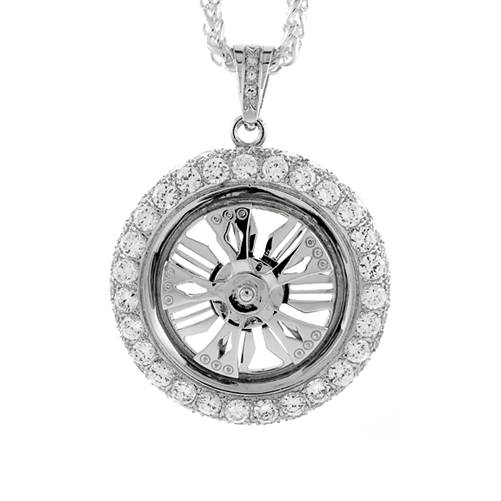 2 inch Sterling Silver CZ Iced Out Spinner Wheel Pendant for Men Hip Hop Bling Jewelry