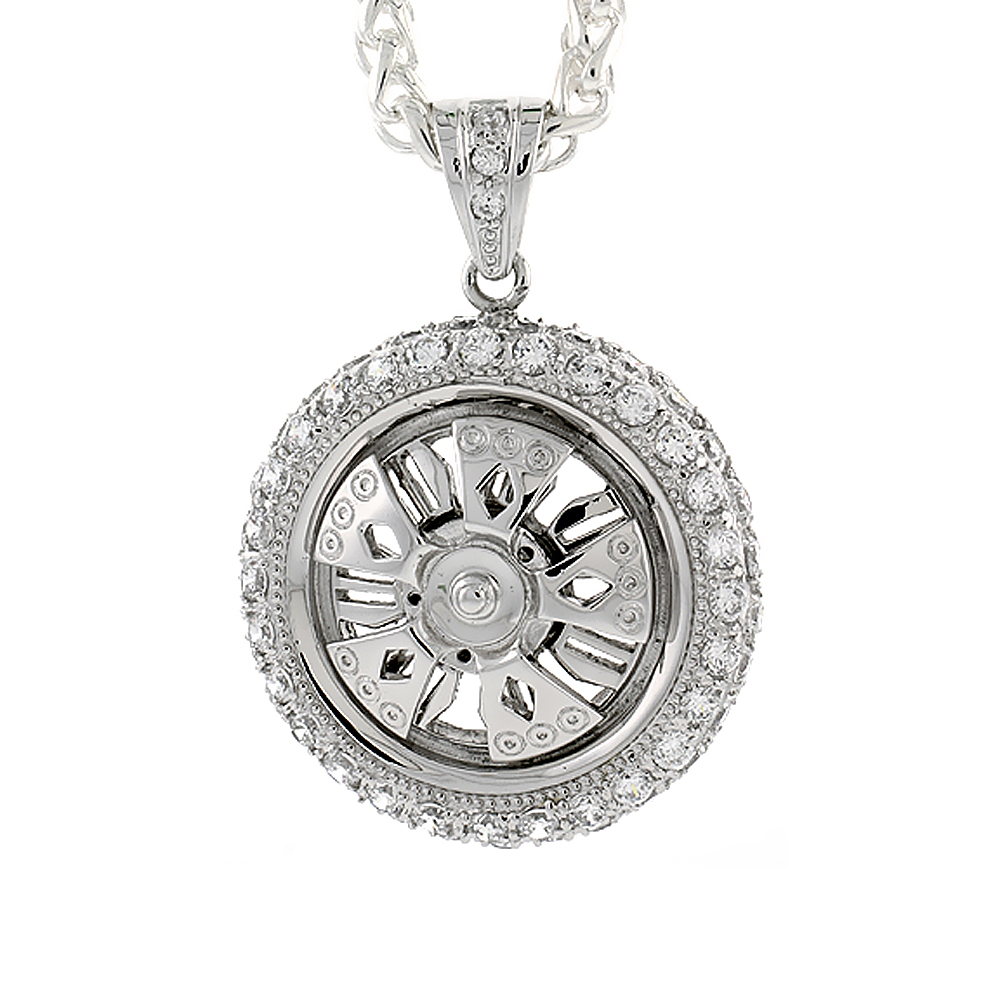 1 5/8 INCH STERLING SILVER CZ ICED OUT SPINNER WHEEL PENDANT FOR MEN HIP HOP BLING JEWELRY