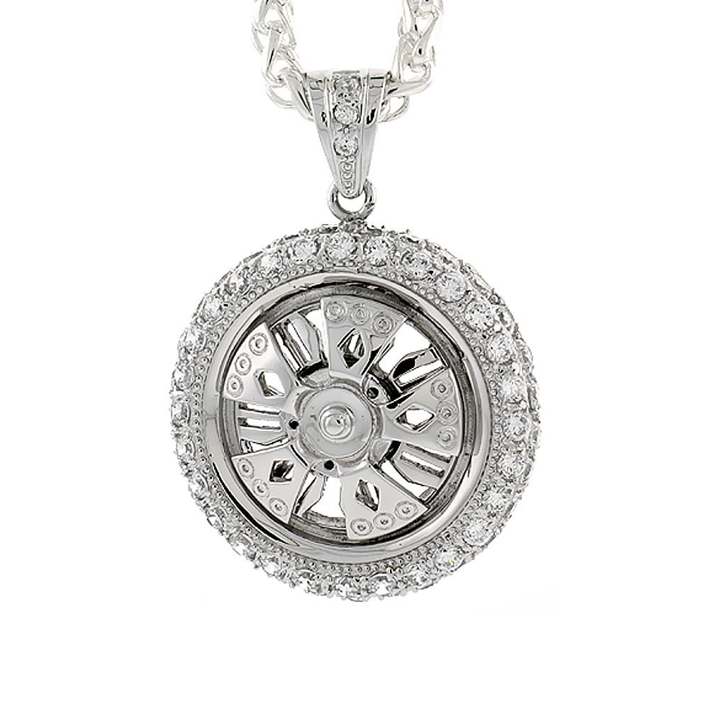1 5/8 inch Sterling Silver CZ Iced Out Spinner Wheel Pendant for Men Hip Hop Bling Jewelry