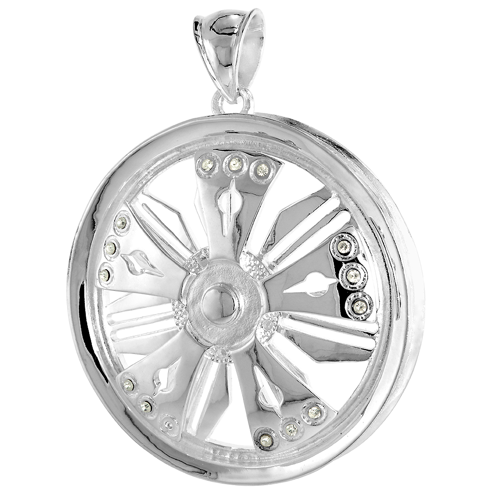 2 1/2 inch Sterling Silver Large Spinner Wheel Pendant for Men Hip Hop Bling Jewelry