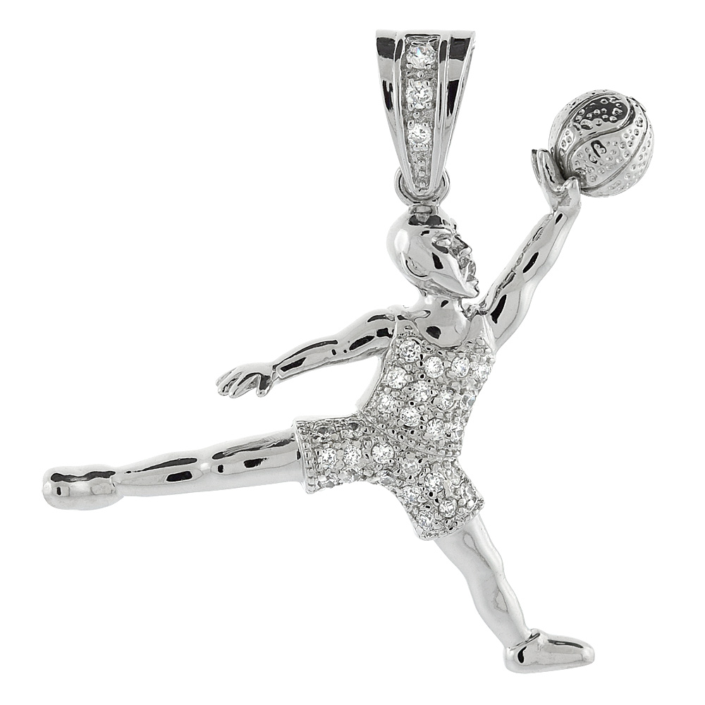 2 3/8 inch Sterling Silver Cubic Zirconia Iced Out Basketball Player Pendant for Men Hip Hop Bling Jewelry