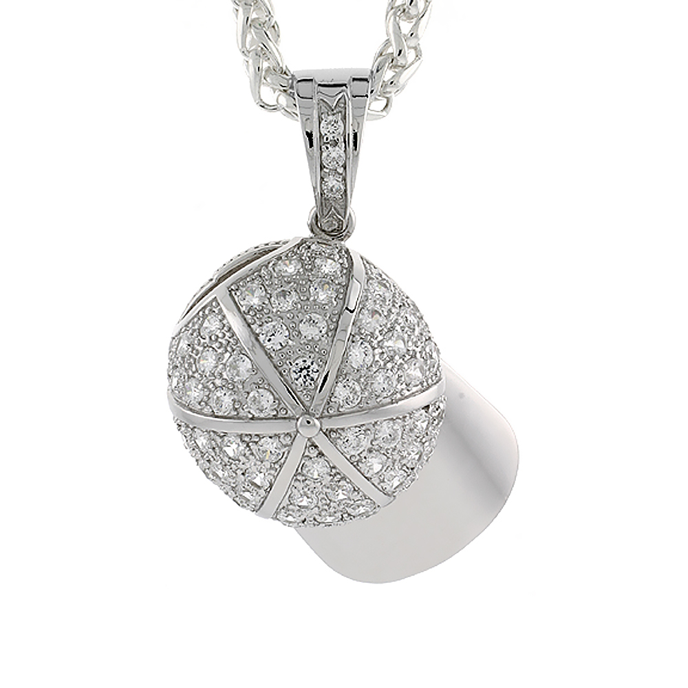 1 3/4 INCH STERLING SILVER CUBIC ZIRCONIA ICED OUT BASEBALL CAP PENDANT FOR MEN HIP HOP BLING JEWELRY