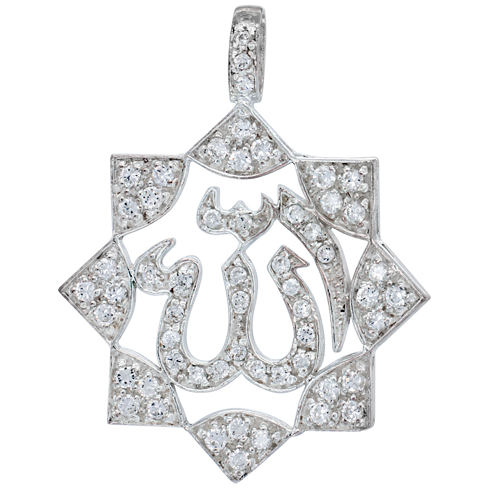 Hip Hop Jewelry for Men Iced Out Sterling Silver Cubic Zirconia ALLAH Pendant, 1 3/4 inch wide